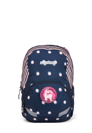 Navy blue backpack with pink and white polka dots, striped accents, "ergobag" logo, and a front badge featuring a pink unicorn.