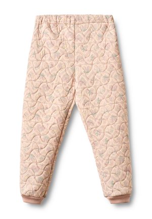 Pantalones acolchados de color rosa claro con un patrón ondulado de costuras y puños elásticos, diseñados para brindar calidez y comodidad.