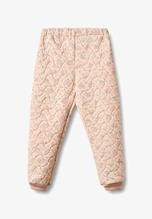 Pantaloni trapuntati rosa chiaro con motivo ondulato cucito e polsini elastici, progettati per calore e comfort.