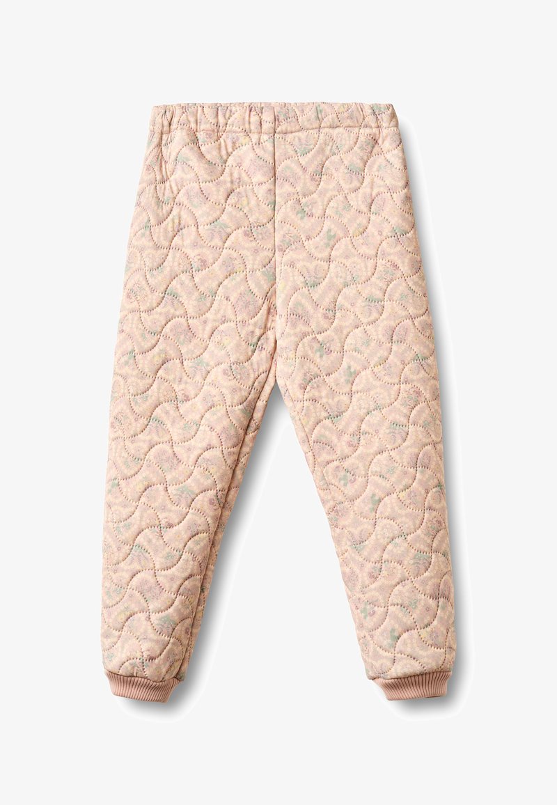 Pantalon matelassé rose clair avec un motif de couture ondulée et des poignets élastiqués, conçu pour la chaleur et le confort.