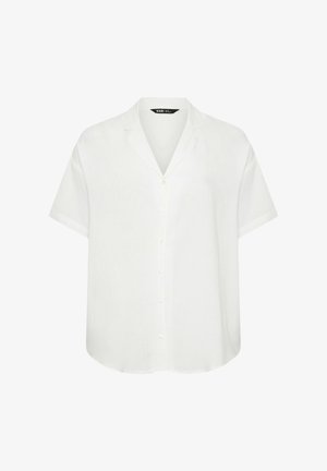 Hvid kortærmet skjorte med knapper og krave samt en afslappet pasform, vist på en ensfarvet hvid baggrund.