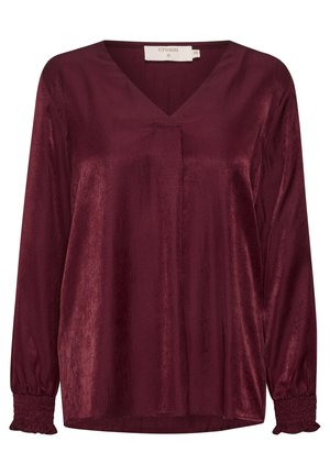 Bordowa bluzka z długim rękawem i dekoltem w serek, z połyskującej, teksturowanej tkaniny, z elastycznymi mankietami ozdobionymi falbanką, rozmiar 38, metka marki Cream.