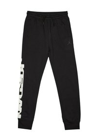 Schwarze Sweatpants mit elastischem Bund, Seitentaschen und weißer Markenbeschriftung entlang des linken Beins. Das Material wirkt weich und strukturiert.