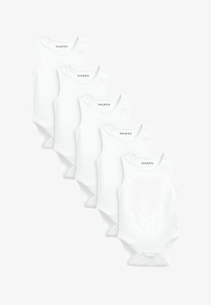 Five white sleeveless bodysuits made of cotton, featuring a round neckline and snap closures at the bottom, arranged in ascending size order.