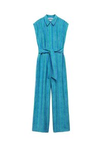 Combinaison sans manches rayée verticalement bleu et vert, avec un col, des jambes larges et une ceinture assortie nouée à la taille.