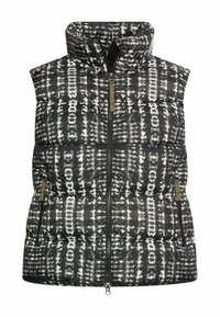 Gequilted zwart-wit patroon zonder mouwen vest met een hoge kraag, ritssluiting en twee zijzakken met metalen accenten.