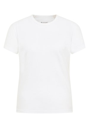 T-shirt alb din bumbac, cu mâneci scurte, decolteu rotund și un mic logo imprimat în centrul superior. Textură netedă, design minimalist.