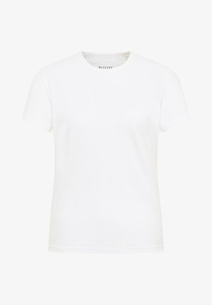 Valge puuvillane t-särk lühikeste varrukatega, ümmargune kaelus ja väike logo trükitud ülemisse keskele. Sile tekstuur, minimalistlik disain.