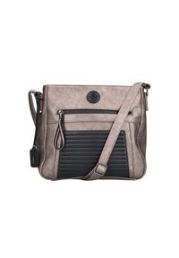Borsa crossbody in finta pelle grigia con pannello nero testurizzato, tasca con zip frontale, patch con logo e tracolla regolabile.