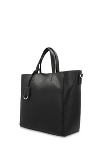 Black leather tote bag with a textured finish, rectangular shape, dual handles, and a front pocket featuring a metal hardware accent.