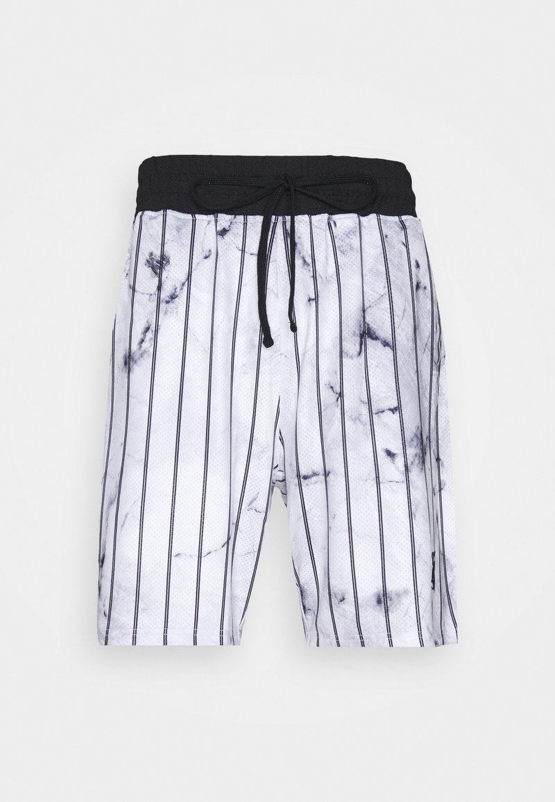 Czarno-białe szorty plażowe z marmurkowym wzorem i pionowymi paskami, z siateczkowego materiału, elastycznym pasem w talii i sznurkiem do regulacji.