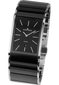 Orologio rettangolare in ceramica nera con accenti argentati, caratterizzato da un quadrante minimalista, indicatori delle ore e una visualizzazione della data nella parte inferiore.