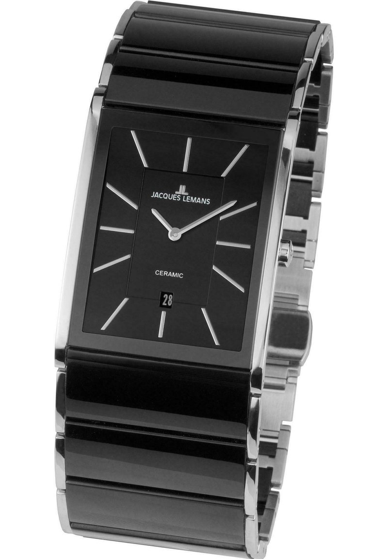 Orologio rettangolare in ceramica nera con accenti argentati, caratterizzato da un quadrante minimalista, indicatori delle ore e una visualizzazione della data nella parte inferiore.