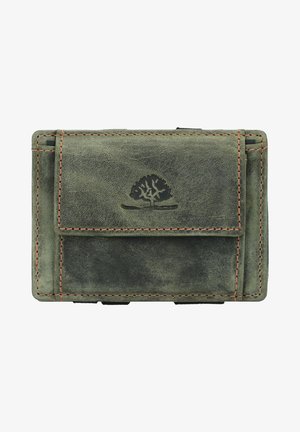 Portefeuille en cuir vert avec une finition texturée, présentant des coutures contrastées et un rabat à l'avant. Comprend un logo en forme d'arbre embossé sur la surface.
