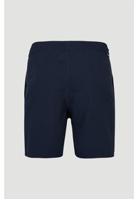 Shorts de baie bleumarin, confecționați dintr-un material ușor și neted. Dispun de un brâu elastic și buzunare laterale. Design simplu, clasic, fără modele.