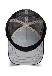 Black and gray baseball cap with a curved brim, mesh back, and interior branded taping. Features zigzag stitching along the brim edge.