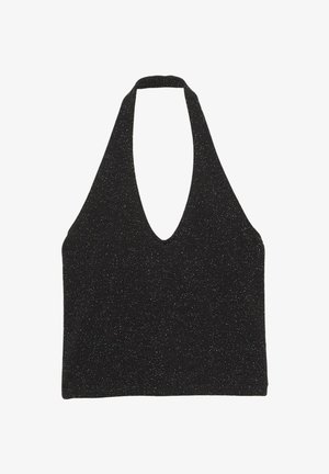 Zwarte haltertop met een diepe V-hals, textuurstof met metallic draden voor een subtiele glans en een aansluitend ontwerp.