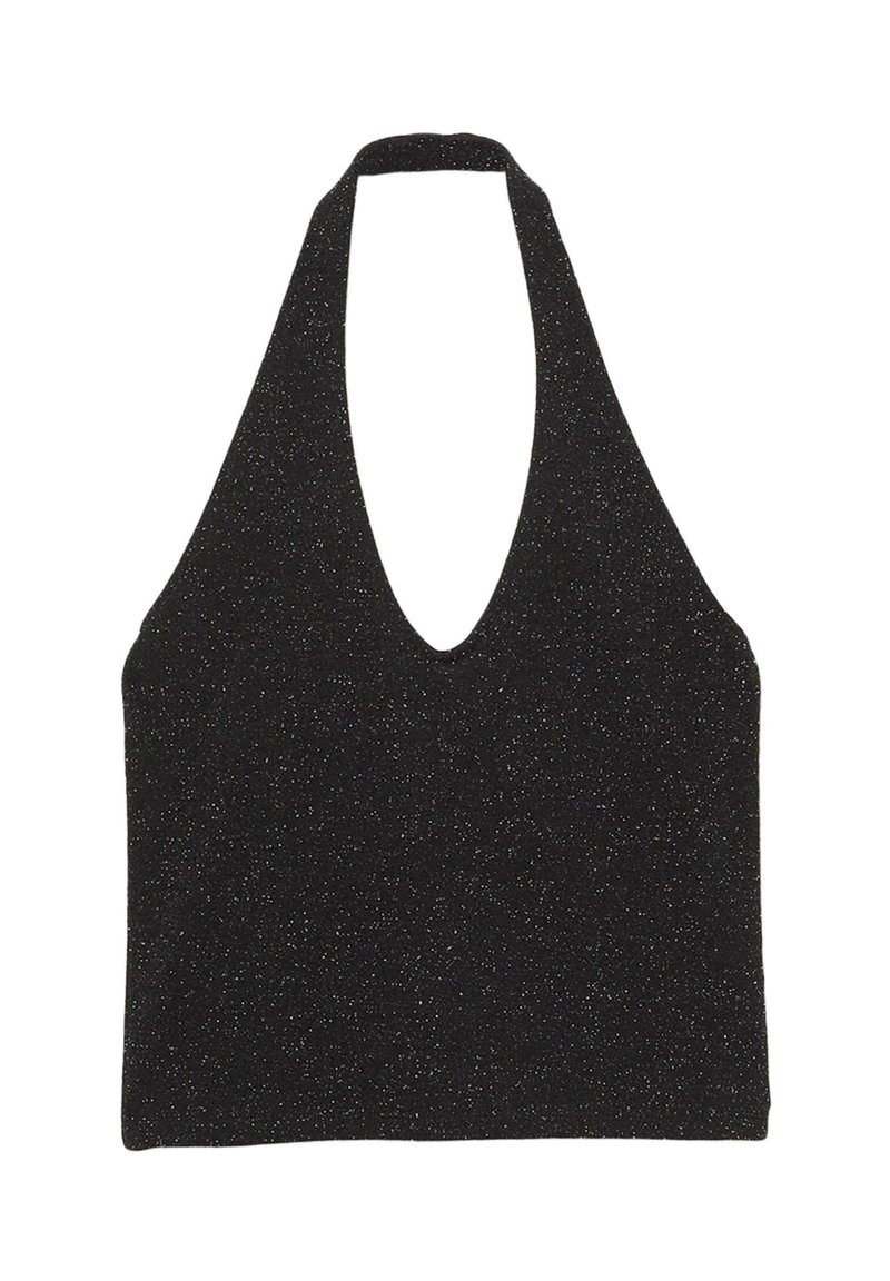 Crni halter top s dubokim V-izrezom, teksturirani materijal s metalnim nitima za suptilan sjaj i uski kroj.