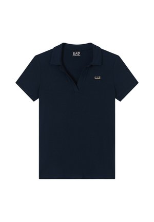 Polo a maniche corte blu navy con piccolo logo dorato "EA7 Emporio Armani" sul petto a sinistra e texture a coste.