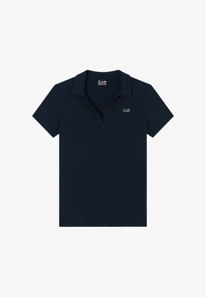 Polo a maniche corte blu navy con piccolo logo dorato "EA7 Emporio Armani" sul petto a sinistra e texture a coste.