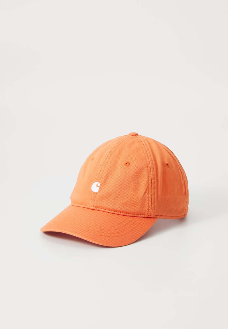 Orange cotton baseball cap with embroidered logo on the front, curved visor, and six-panel design featuring stitched accents.