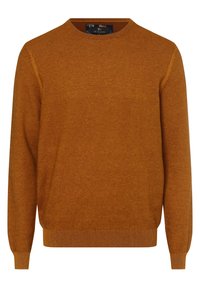 Maglione color bronzo realizzato in un tessuto a maglia strutturata, con scollatura rotonda e polsini e orlo a coste. Vestibilità classica con maniche lunghe.