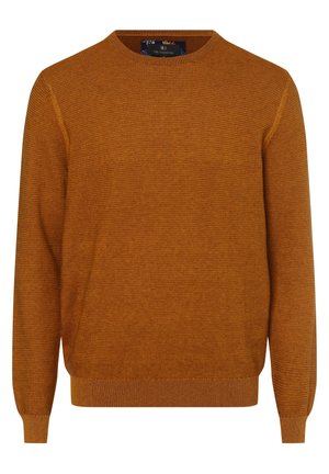 Bronzen trui van textuurgebreid materiaal, met een ronde hals en geribbelde manchetten en zoom. Klassieke pasvorm met lange mouwen.