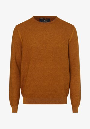 Bronzefarbener Pullover aus strukturiertem Strickstoff, mit rundem Halsausschnitt und gerippten Bündchen und Saum. Klassische Passform mit langen Ärmeln.