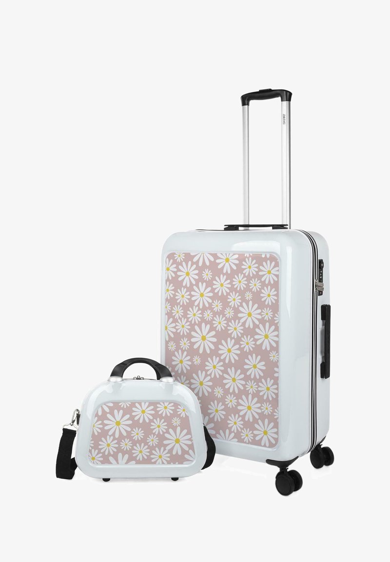 Juego de maletas de duro con un acabado blanco brillante, patrón floral en rosa con margaritas, manija retráctil y cuatro ruedas giratorias.