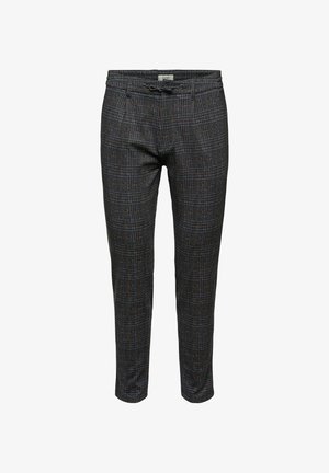 Dunkelgraue Slim-Fit-Hose mit dezentem Karo-Muster und schwarzem verstellbarem Kordelzug am Bund.