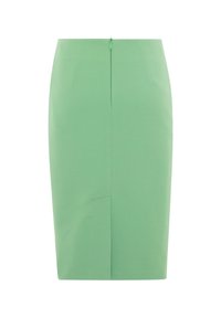 Jupe crayon verte en tissu structuré, dotée d'une fermeture éclair dissimulée au dos et d'une seule fente arrière pour faciliter les mouvements.