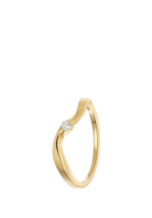 Gold ring with a twisted band design featuring a single small round diamond set at the top curve.