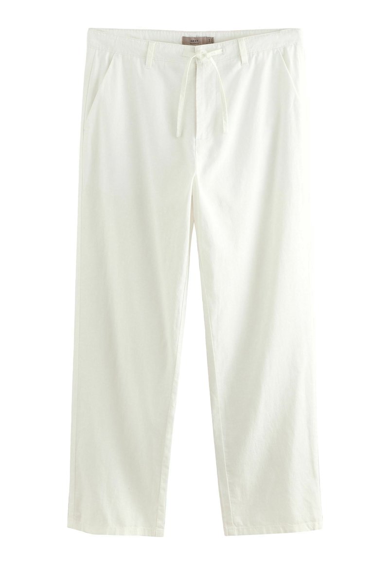 Pantalons en tissu léger couleur crème avec une coupe décontractée, taille à cordon et poches latérales. Texture lisse avec un design soigné.