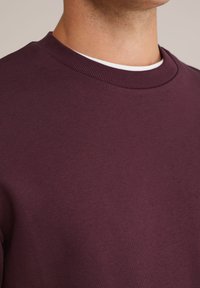 Felpa bordeaux con colletto a girocollo a coste, realizzata in morbido cotone, caratterizzata da una superficie liscia e un design semplice.