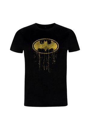 Black t-shirt featuring a distressed yellow Batman logo at the center. Cotton material with a classic crew neck design. Short sleeves.