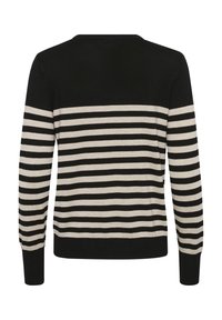 Pull noir avec des rayures horizontales beige sur le corps et les manches, partie supérieure de la poitrine et des épaules noire unie, et poignets côtelés.