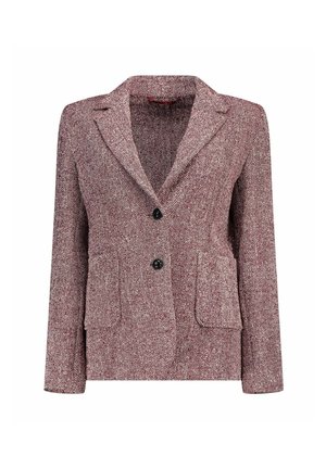Blazer a motivo houndstooth in tessuto, color bordeaux e crema, con rever a punta, due tasche anteriori e due bottoni neri sul davanti.