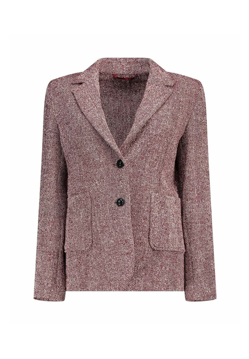 Blazer a motivo houndstooth in tessuto, color bordeaux e crema, con rever a punta, due tasche anteriori e due bottoni neri sul davanti.