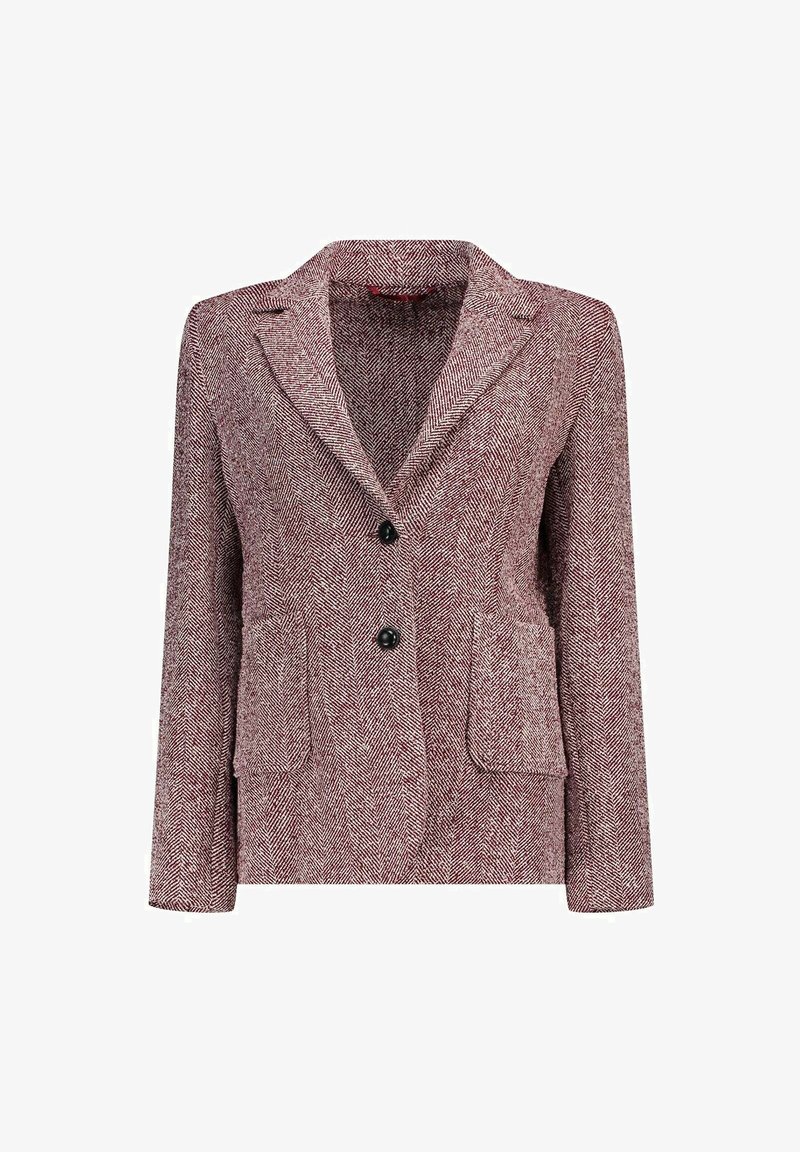 Blazer a motivo houndstooth in tessuto, color bordeaux e crema, con rever a punta, due tasche anteriori e due bottoni neri sul davanti.