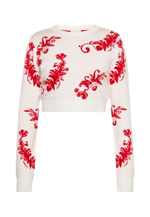 Weißer, kurz geschnittener Pullover mit langen Ärmeln und roten Blumen- sowie Wirbelmustern, die auf Ärmeln und Vorderseite verteilt sind.