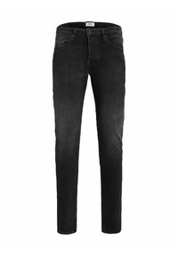 Črne denim hlače, slim fit, pet žepov, zadrga, z rahlo zbledelim videzom. Imajo rumene šive in oznako blagovne znamke na pasu.