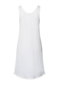 Vestido blanco sin mangas con escote redondeado, tela fluida y detalle de dobladillo con forma de olas en la parte inferior. Textura suave, diseño casual.