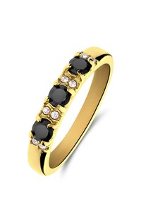 Gouden ring met afwisselende zwarte edelstenen en heldere kristallen, gedetailleerd met een gestructureerde band en een gladde binnenkant.