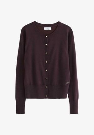 Mørkeblå cardigan lavet af blødt strikstof med rund halsudskæring, fuldlængde ærmer og guldfarvede knapper ned ad fronten.