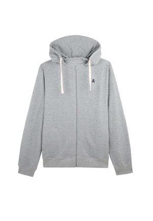 Sudadera con cremallera gris de textura suave, capucha grande y cordones en color crema. Cuenta con dos bolsillos laterales y un pequeño logo en el pecho.