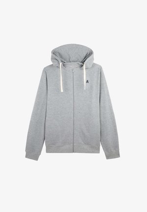 Grau zip-up Kapuzenpullover mit weicher Textur, großer Kapuze und cremefarbenen Kordeln. Verfügt über zwei Seitentaschen und ein kleines Logo auf der Brust.