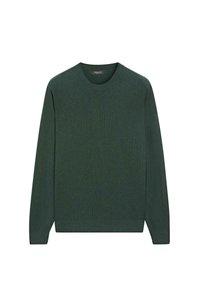Maglione verde scuro a maglia con scollo tondo, maniche lunghe e orlo a coste. La texture è liscia e leggermente mélange.