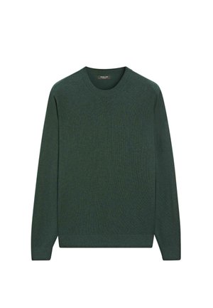Maglione verde scuro a maglia con scollo tondo, maniche lunghe e orlo a coste. La texture è liscia e leggermente mélange.