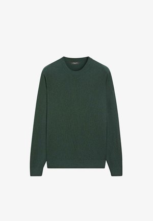 Mörkgrön stickad tröja med rund halsringning, långa ärmar och ribbad fåll. Texturen är slät och något melerad.