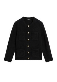 Cardigan nero in maglia con texture, colletto rotondo, sei bottoni dorati e quattro tasche applicate frontali, due sul petto e due vicino all'orlo.